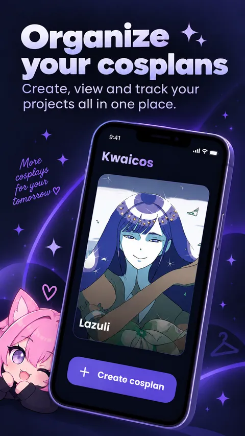 Kwaicos promotional artwork showing an illustrated cosplan on a phone beside the pink mascot.