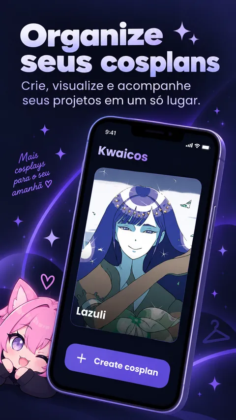Arte promocional do Kwaicos: um cosplan ilustrado em um celular, com a mascote rosa ao lado.