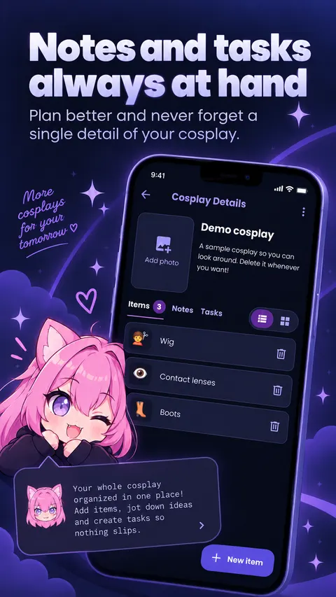 Promotional artwork for notes and tasks that help organize a cosplay project.