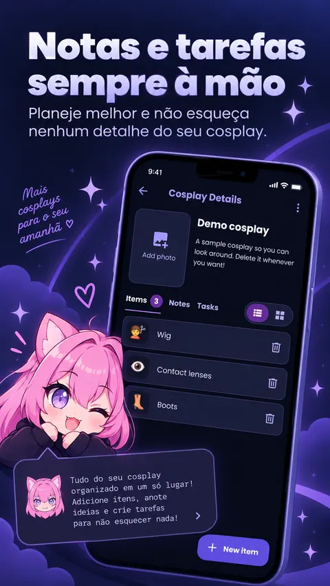 Arte promocional das notas e tarefas para acompanhar um projeto de cosplay.