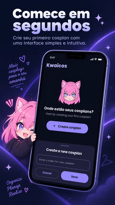 Arte promocional de criação de cosplans e início do uso do Kwaicos.